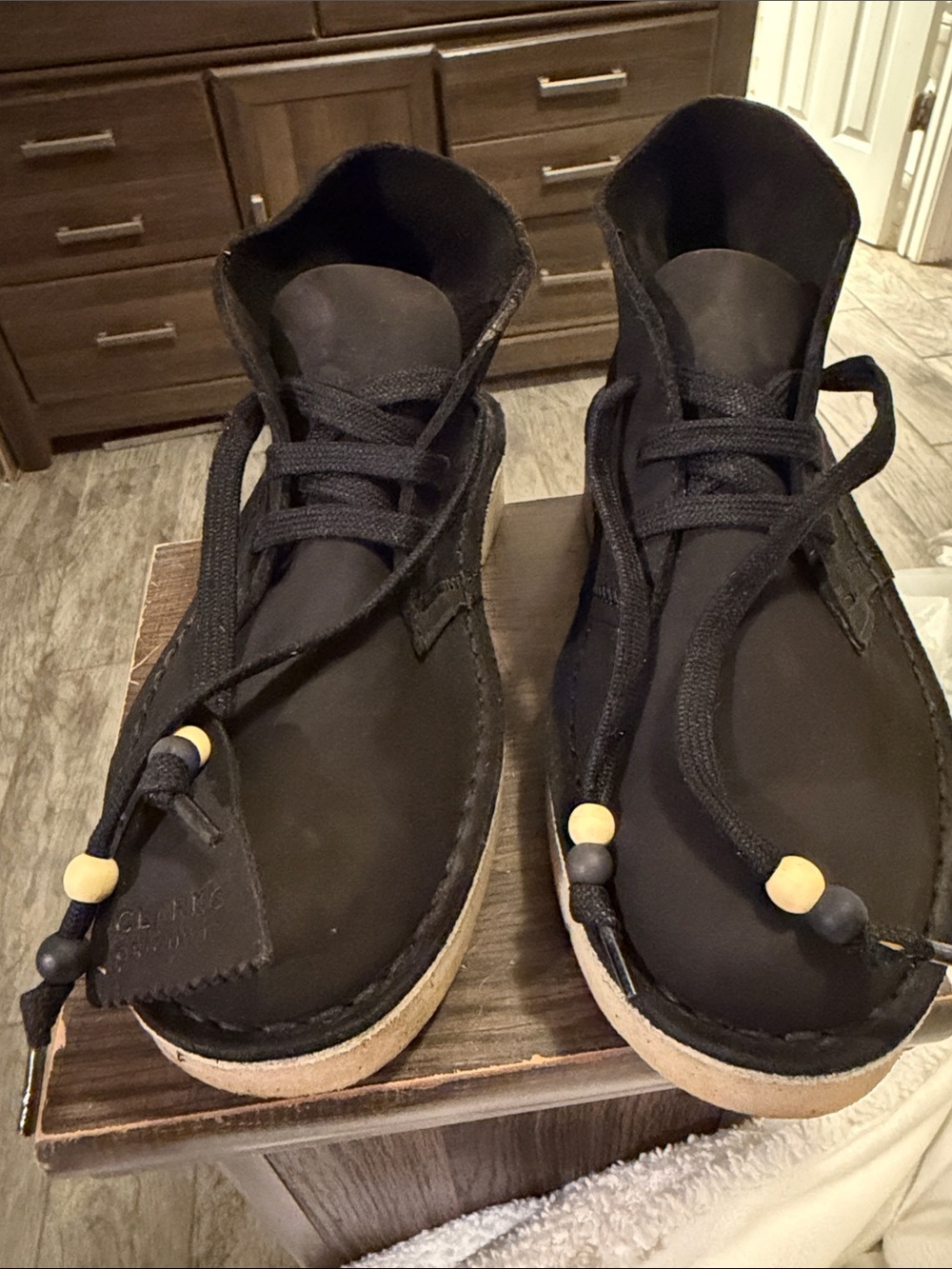 Clarks Black Leather Desert Boots with Bead Accents